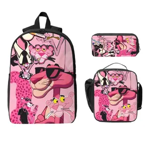 3 Piece High Capacity Bookbag Pink Cartoon Pan-ther Backpack Set Travel Knapsack with Lunch Box Pencil Case