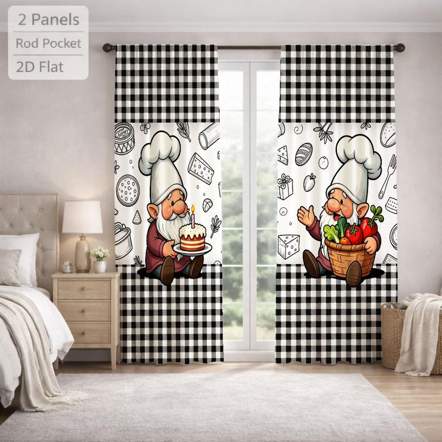 2Pcs Cartoon Style Chef Gnome Gingham Pattern Sun Blocking Curtains Digital Printed Rod Pocket, Window Treatment For Bedroom Office Kitchen Living Room Study Home Decor