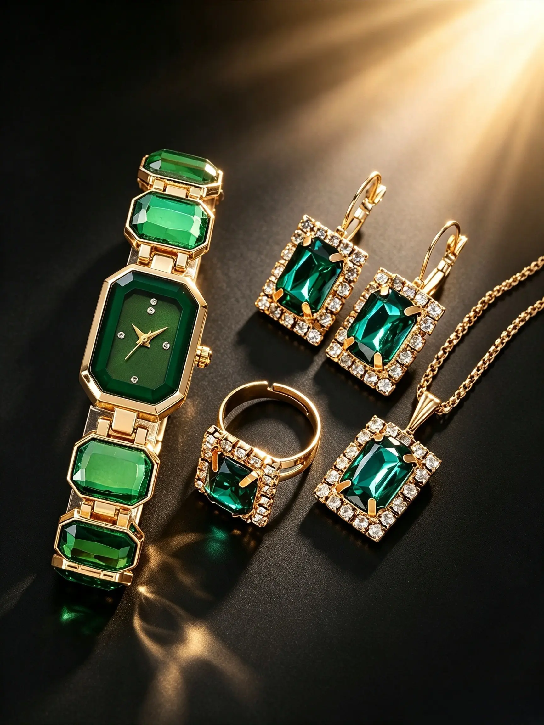 Gold Plated 5Pcs Women Jewelry Watch Set Rectangle & Heart Gemstone Quartz Wristwatch Earrings Necklace Open Ring Luxury Crystal Bridal Jewelry Kit For Wedding Banquet Party Photoshoot Valentine Birthday Anniversary Holiday Gift For Women