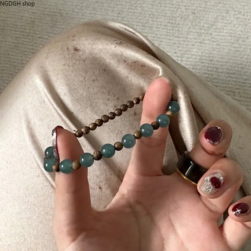 Boho Bracelet - Adjustable Wood Bead Bracelet Natural Jade Stone Beaded Boho Wristband Gemstone Charm Daily Wear Jewelry Accessory