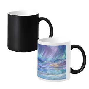Pastel Purple Line Art Stained Glass Aurora Mountain Heat Changing Mug 11oz White Ceramic Black Handle, Soft Tone Northern Lights Lake Landscape Heat Sensitive Coffee Cup, Elegant Gift for Art Lovers