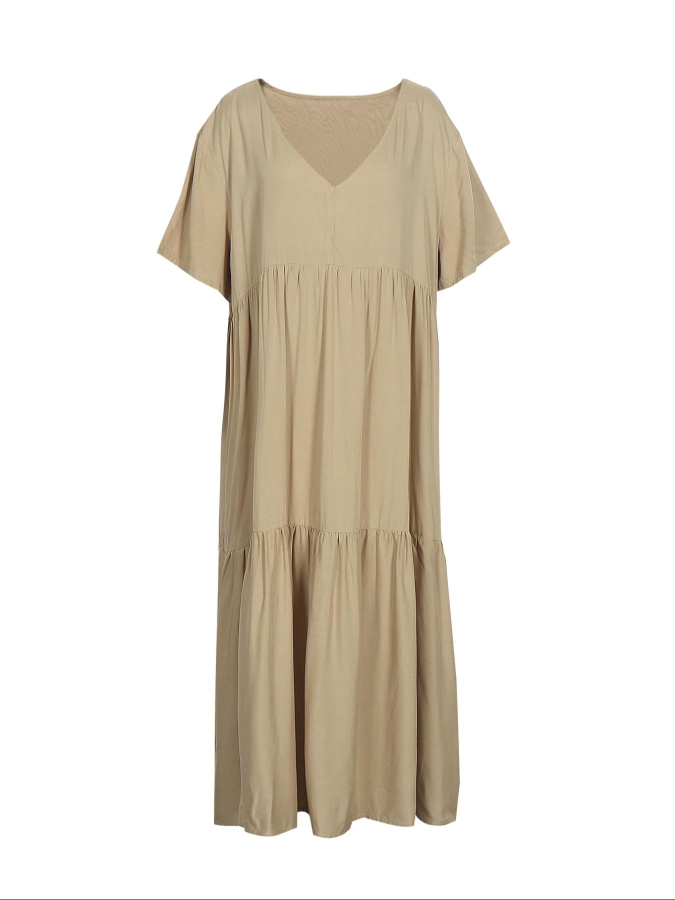 Plus Size Women's Summer Casual Loose V-Neck Plain Long Dress, Bohemian Boho Style, Short Sleeve, Tiered Layer, Spring & Fall Fashion