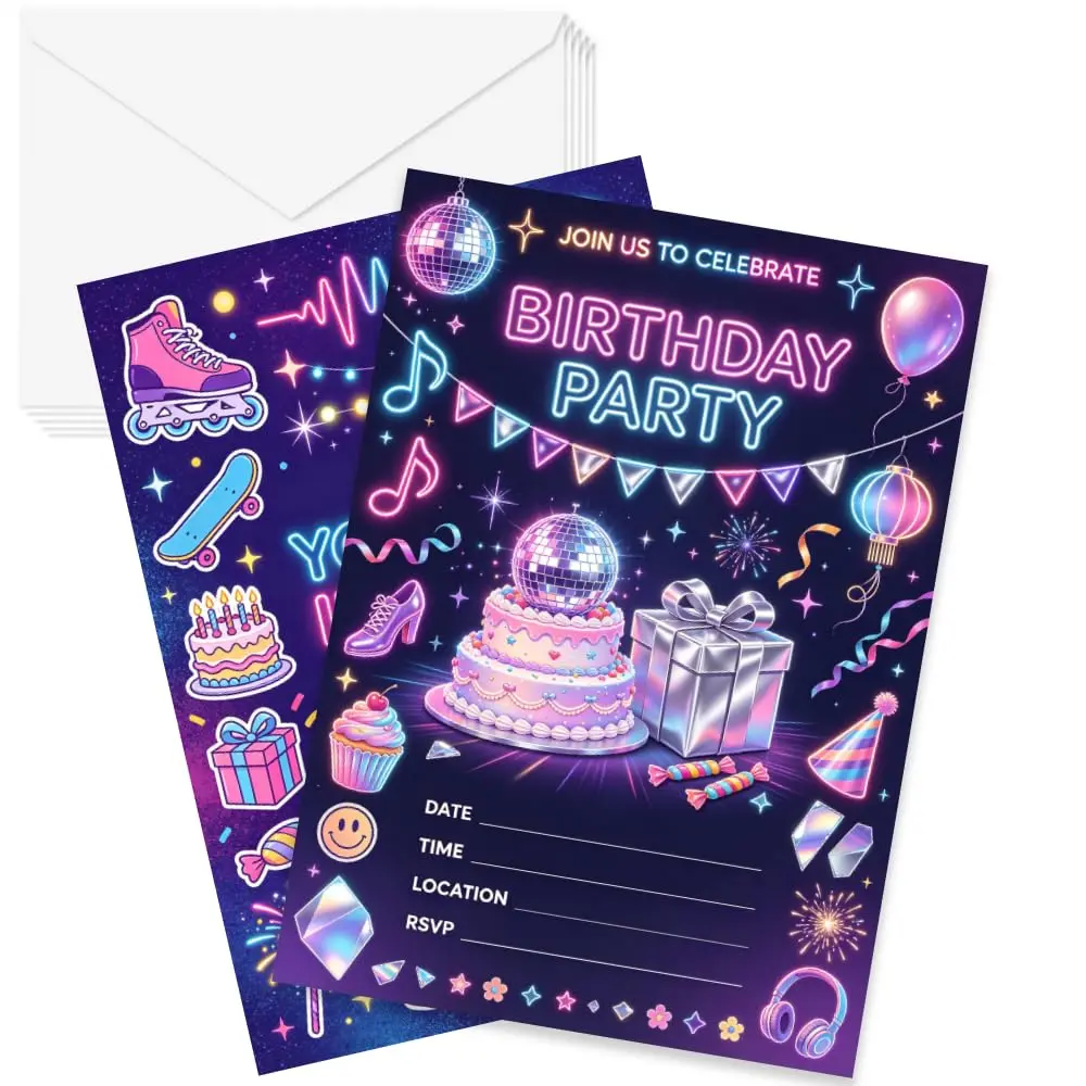 Colorful Birthday Invitation Cards with Envelopes, 20-Count, 5x7Inch, with Write-In Areas for Party Prep