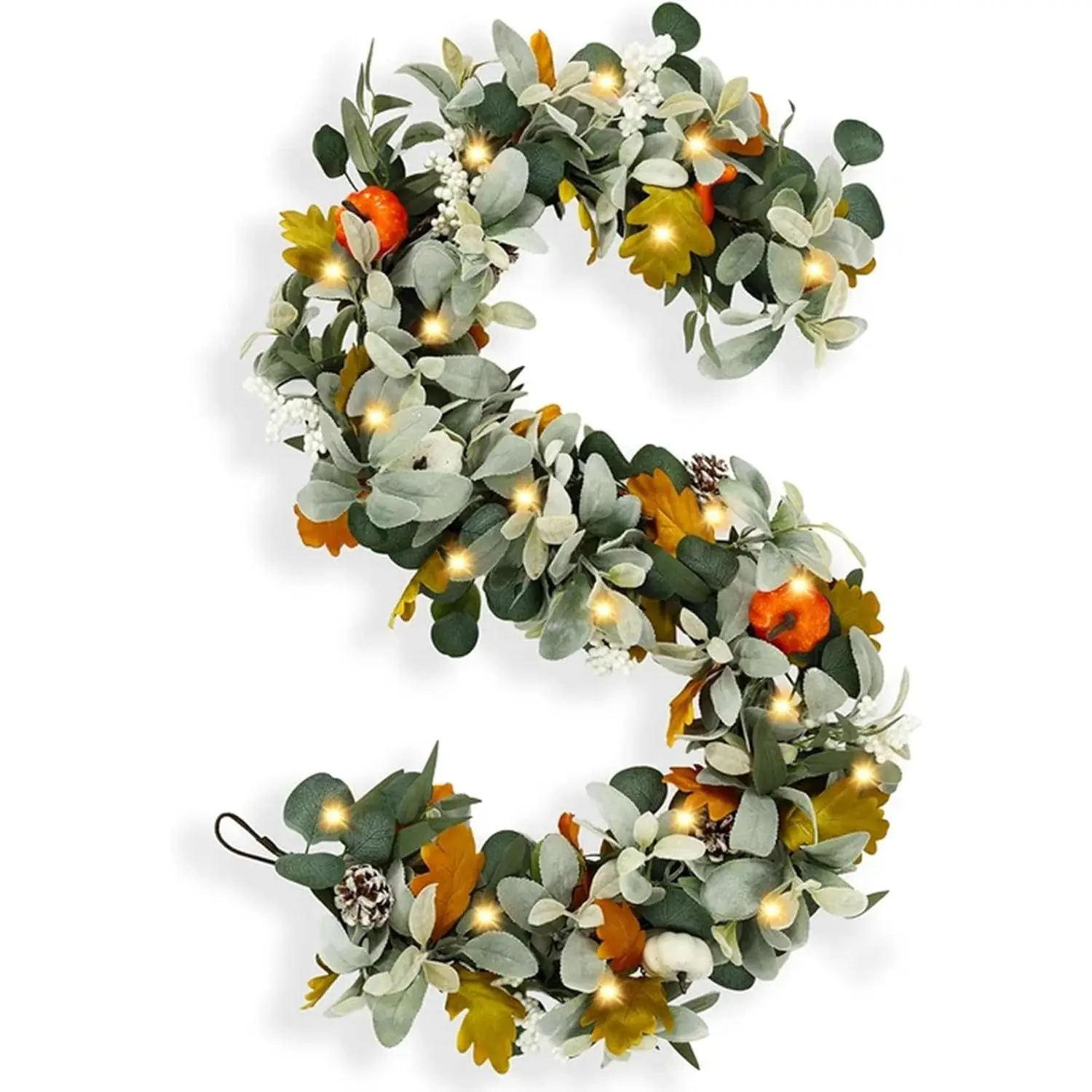 6 FT LED Lighted Fall Swag Garland - Plastic Artificial Pumpkins, Berries, Pinecones, Eucalyptus Leaves, Vines - Rustic Thanksgiving Decor for Front Door, Porch Mantle, Wall, Led Lights