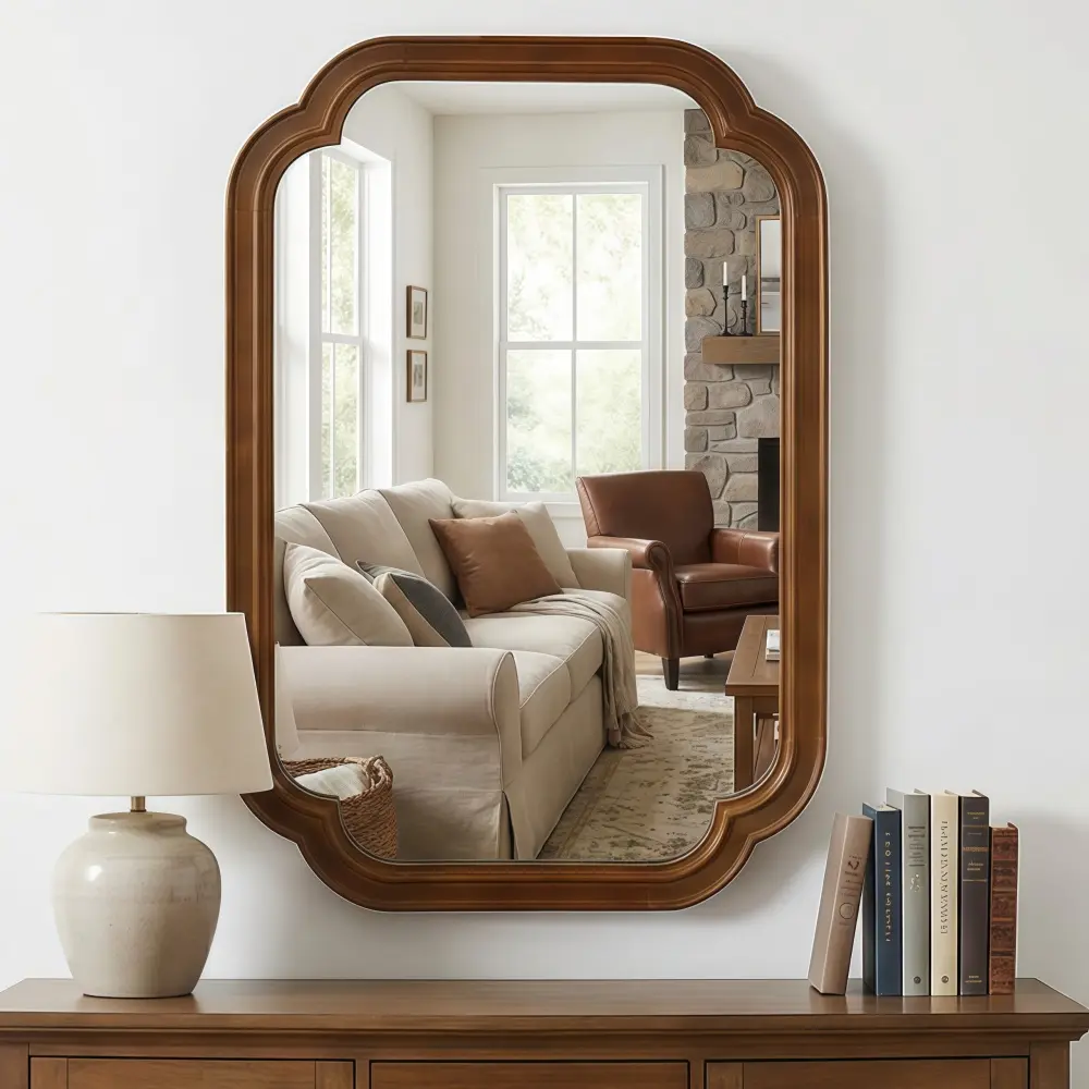 Littleox Black Walnut Color 20" x 30" Solid Wood Frame Rounded Corner Decorative Mirror, For Bedroom, Bathroom, Living Room, Entryway