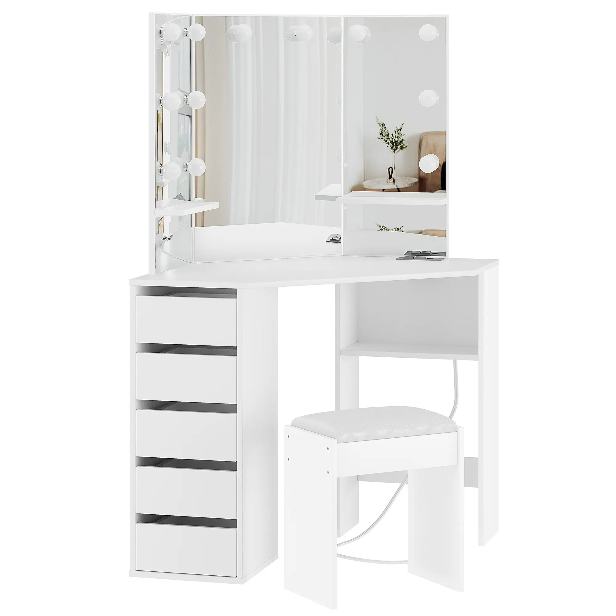 Corner Vanity Desk Set with 3-Folding Lighted Mirrors, Makeup Vanity Table with Charging Station, 5 Rotating Drawers and Storage Bench for Bedroom, White