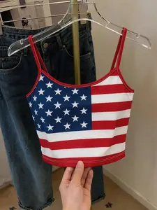 Women's American Flag Print Thin Strap Tank Top, Short Crop Belly Baring, Slim Fit Lightweight Stretchy Fabric, American Style Sexy Fashion