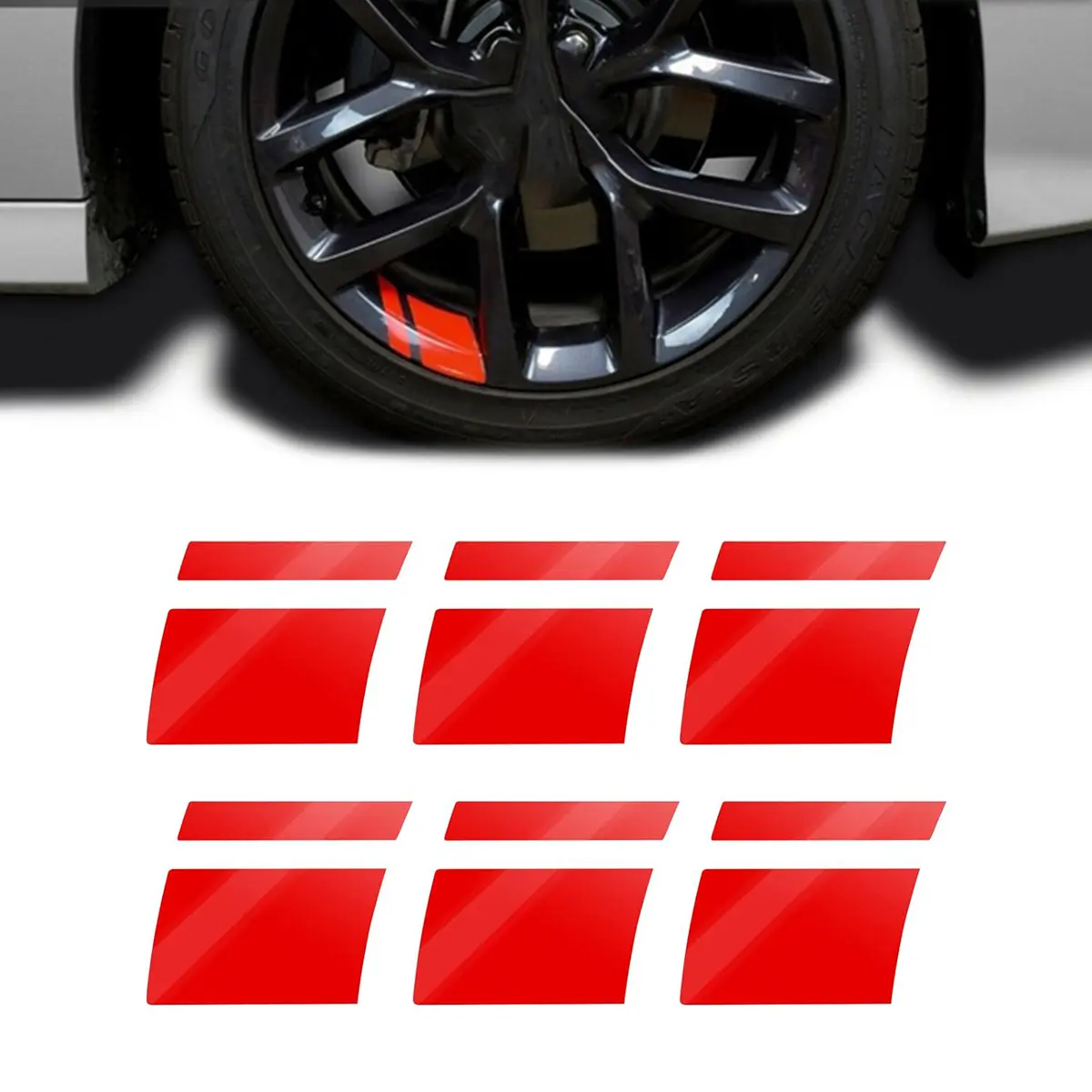 6-Pack Car Luminous Plastic Reflective Stickers - Red Easy-Apply Wheel Rim Stripe Decals for 18-21in Tires, High-Visibility Film, Weatherproof Durable Universal Automotive Decals for Teens' Tire Decoration & Night Safety