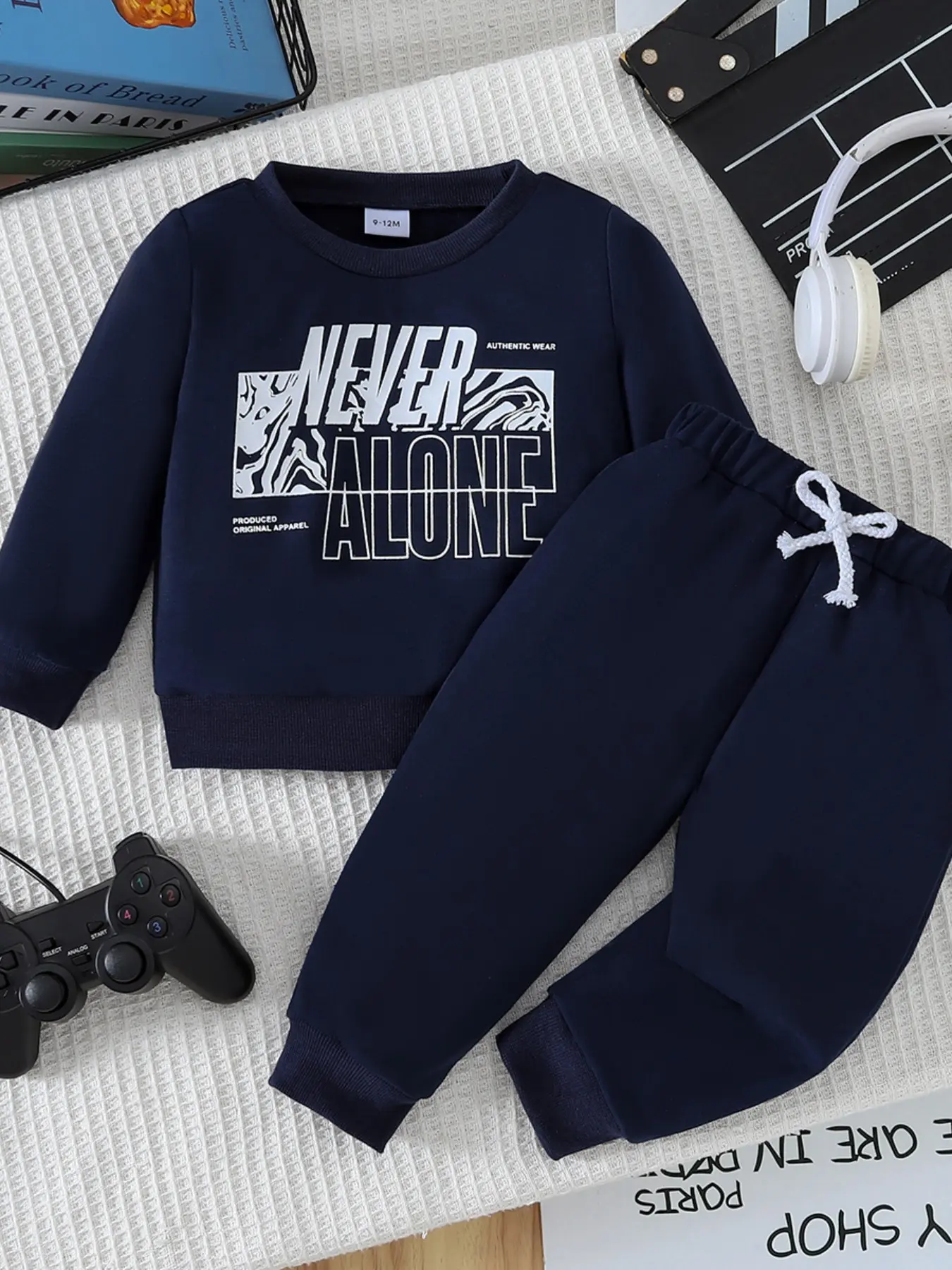 Spring Fall Toddler Boys "Never Alone" Letter Print Crewneck Sweatshirt & Drawstring Jogger Pants 2Pcs Set 🎮 Street Cool Kids Tracksuit