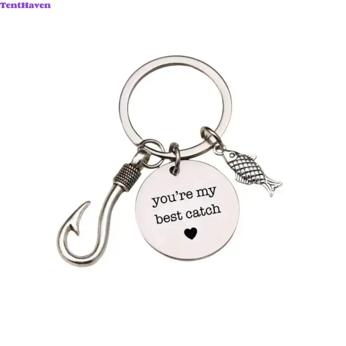 Keychain, Fishing Accessory, Fisherman Key Charm, Hook Shaped Metal Tag Keychain With Mini Fish Pendant, 3x3cm Stainless Steel Disc For Men, Fishermen And Outdoor Lovers, Durable Construction For Daily Carry, Camping And Fishing Trip Gifts