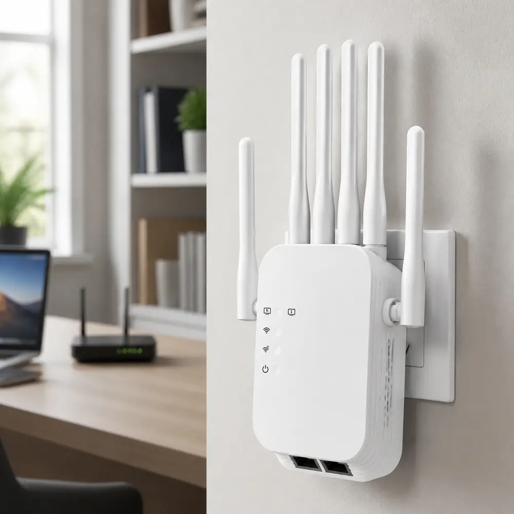 AC1200 Speed Dual Band WiFi Extender, Plug-In Signal Booster with 6 Adjustable Antennas for Camping & Hiking Home Network