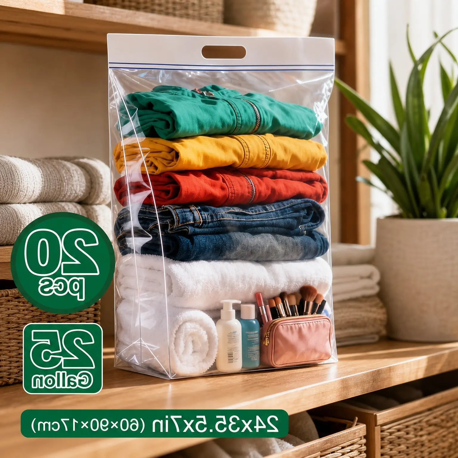 20 Pack 25 Gallon Extra Large Resealable Clear Zipper Storage Bags with Handle, 35.5"x24"x7", Heavy Duty for Clothes, Pillows, Travel & Moving, Expandable Bottom, 8 Mil ThickGift