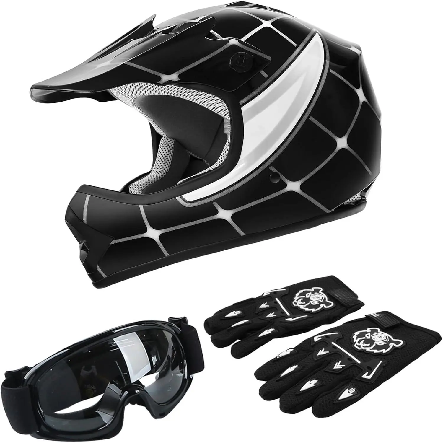 Youth Kids Dirt Bike Full Face Helmets Motocross ATV Offroad Four Wheeler Helmet Black Spider Medium Size