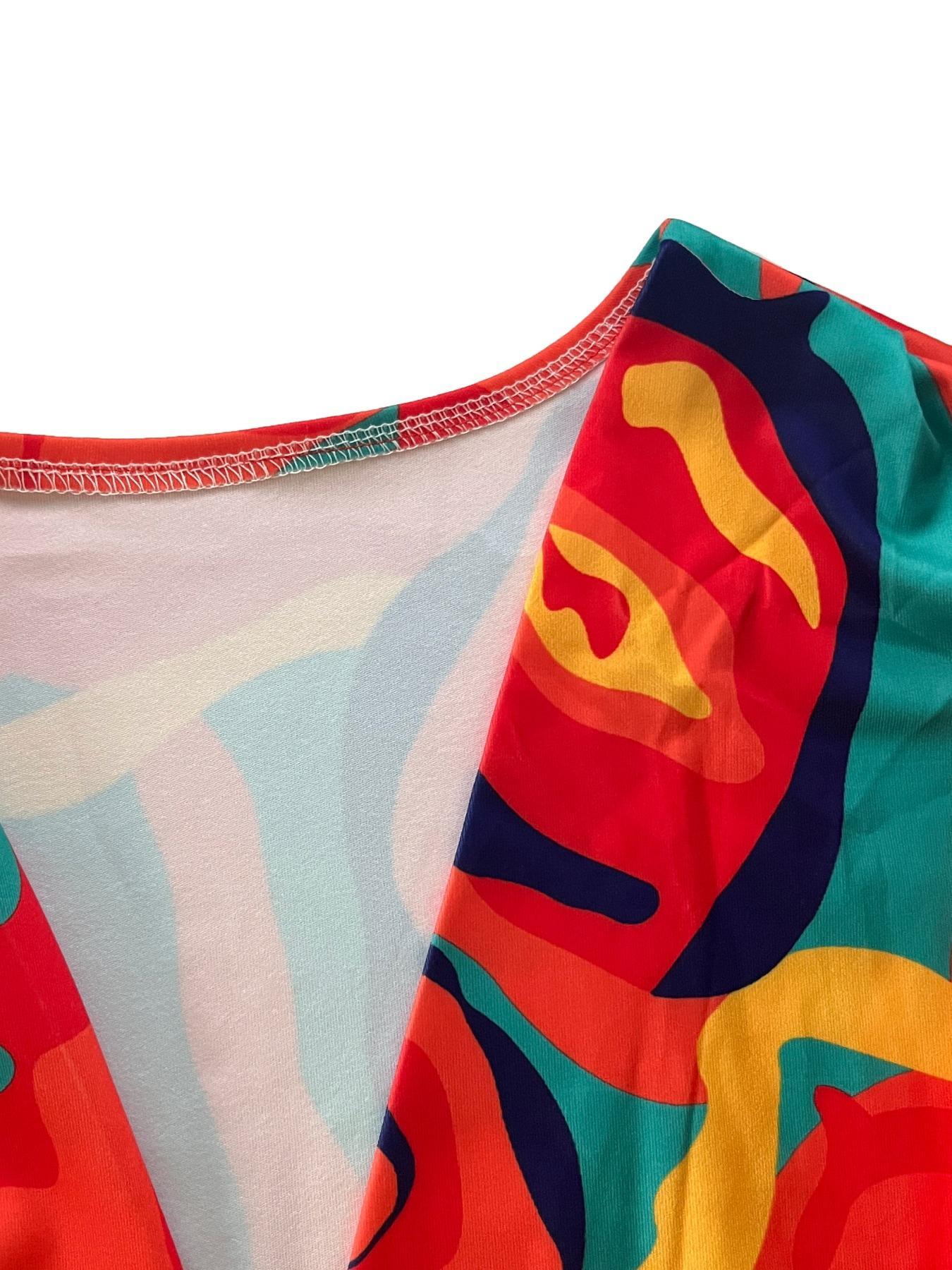 Women's All Over Print Ruched Batwing Sleeve Bodycon Dress, Elegant Deep V Neck Short Sleeve Midi Dress for Summer, Ladies Clothes for Vacation Holiday Party, Womenswear