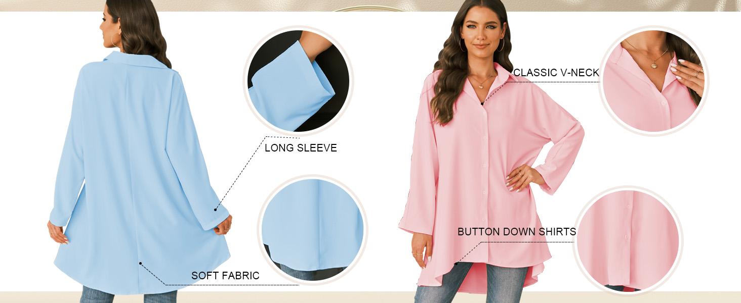 Danedvi Womens Oversized T Shirts Button Down Long Sleeve Shirt V Neck Collar Loose Flowy Blouse