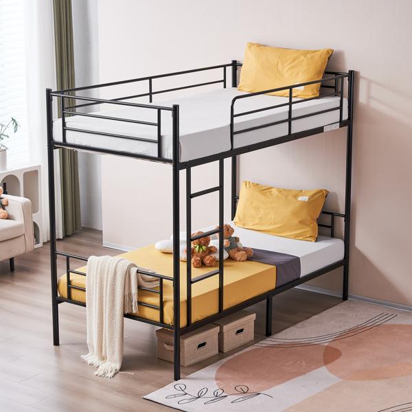 Iron Bed Bunk Bed with Ladder for All Ages Twin Size Black Bedroom Bedframe with 33.5cm Fence & 26.5cm Storage Space Modern Design