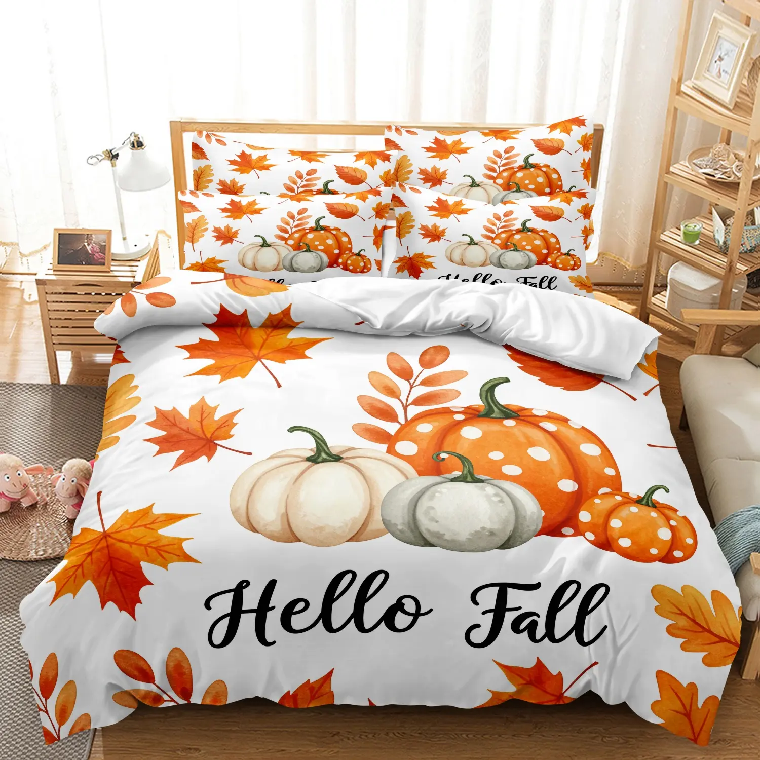 3Pcs Hello Fall Autumn Print Duvet Cover Set, Watercolor Maple Leaf Orange White Pumpkin Hello Fall Slogan Printed Bedding, Soft Microfiber Farmhouse Thanksgiving Bedroom Decoration (1 Duvet Cover + 2 Pillowcases, No Comforter No Pillow)