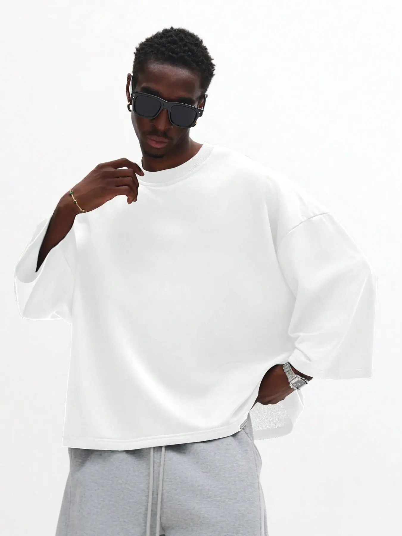 Men's Solid Color Loose 3/4 Sleeve Crew Neck T-Shirt, Suitable For Casual Holiday, Hip Hop And Street Outfits