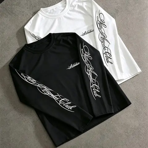 2 Pcs Chicano Script Sleeve Print Long‑Sleeve T‑Shirt Set,100% Cotton Crewneck Streetwear Tees Bundle,Unisex Loose Hip‑Hop Tops,Multi‑Color