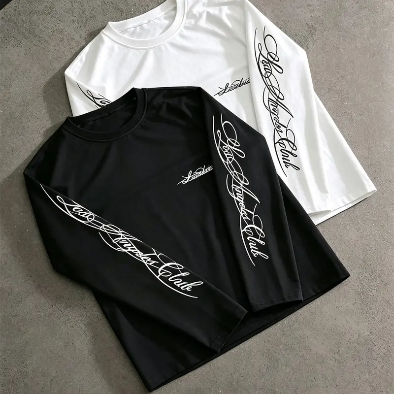 2 Pcs Chicano Script Sleeve Print Long‑Sleeve T‑Shirt Set,100% Cotton Crewneck Streetwear Tees Bundle,Unisex Loose Hip‑Hop Tops,Multi‑Color