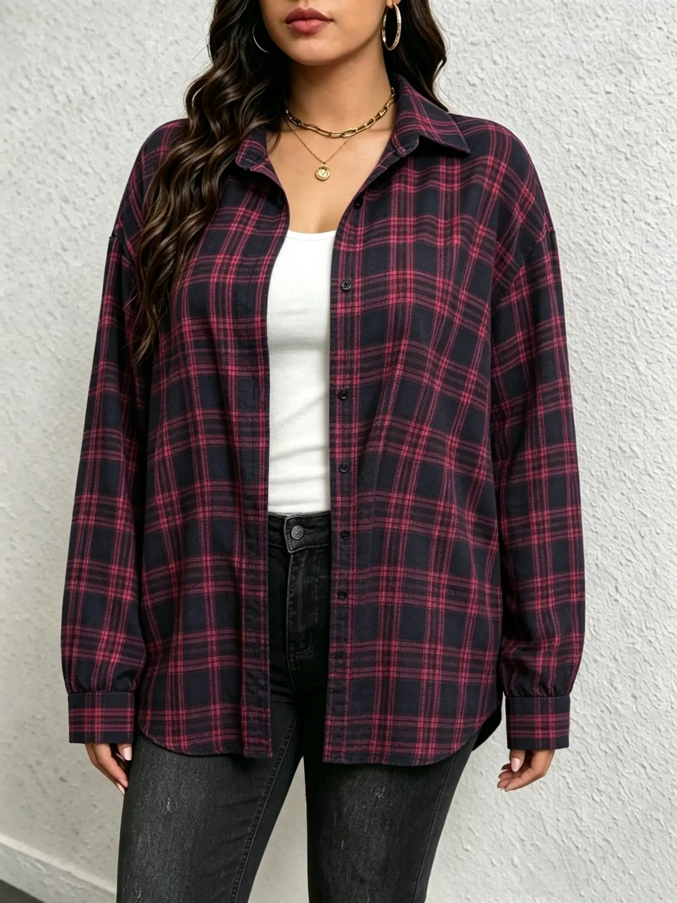 Plus Size Y2K Plaid Long Sleeve Flannel Shirt, Women Oversized Lapel Collar Blouse, Adjustable Knotted Tie‑Up Hem Design Casual Top, Grunge Punk Streetwear Loose‑Fit Outerwear, Trendy Alt‑Aesthetic Daily Outfit For Shopping Party Outdoor