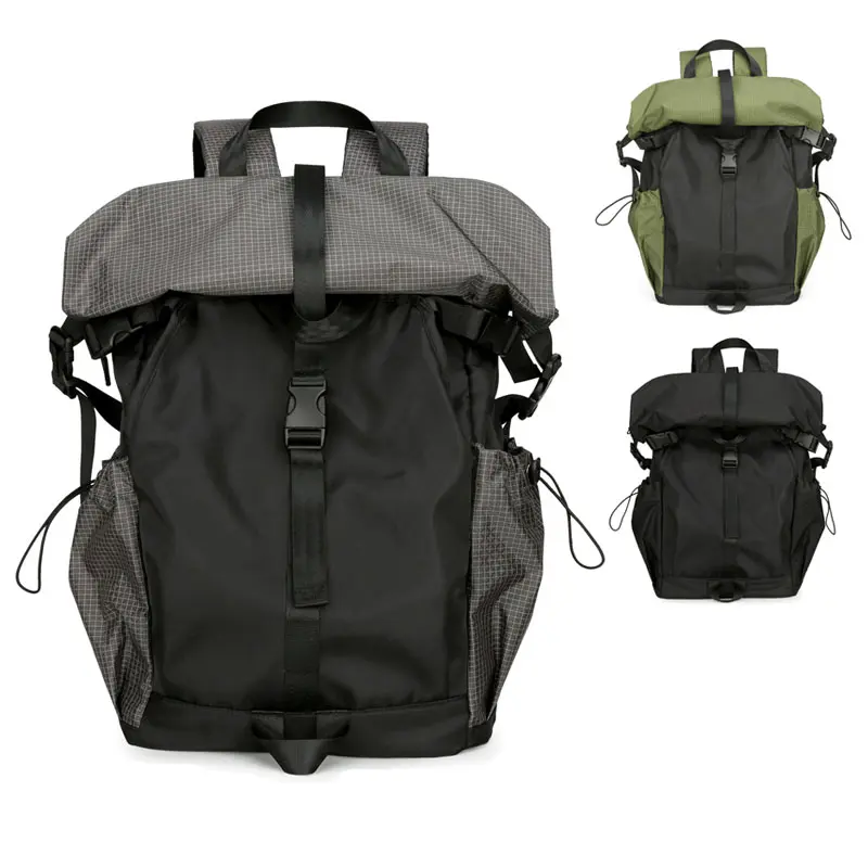 Men's urban-style tactical roll-top commuter backpack; waterproof and durable roll-top design with drawstring closure; multifunctional everyday tech-wear style backpack suitable for sports, outdoor activities, hiking, and cycling