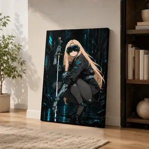 Cyberpunk Girl Canvas Poster, Futuristic Female Character Wall Art for Bedroom Gaming Room Dorm Office Entryway, Neon Blue  Decorative Poster, Poster Prints, Modern Wall Decor, Available as Unframed Canvas Poster or Framed Canvas Wrap
