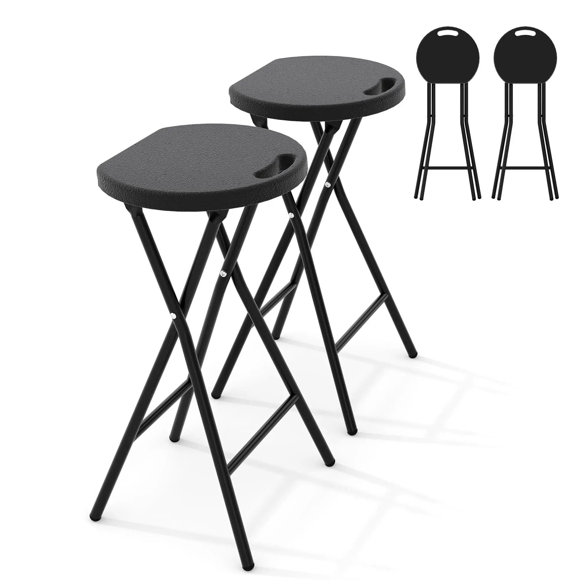 28 Inch Tall Folding Stool with Handle, Foldable Bar Stool with Safety Lock & 400lbs Capacity, Metal and Plastic Construction for Kitchen, Home Bar, Outdoor & Indoor, Black (2 Pack)