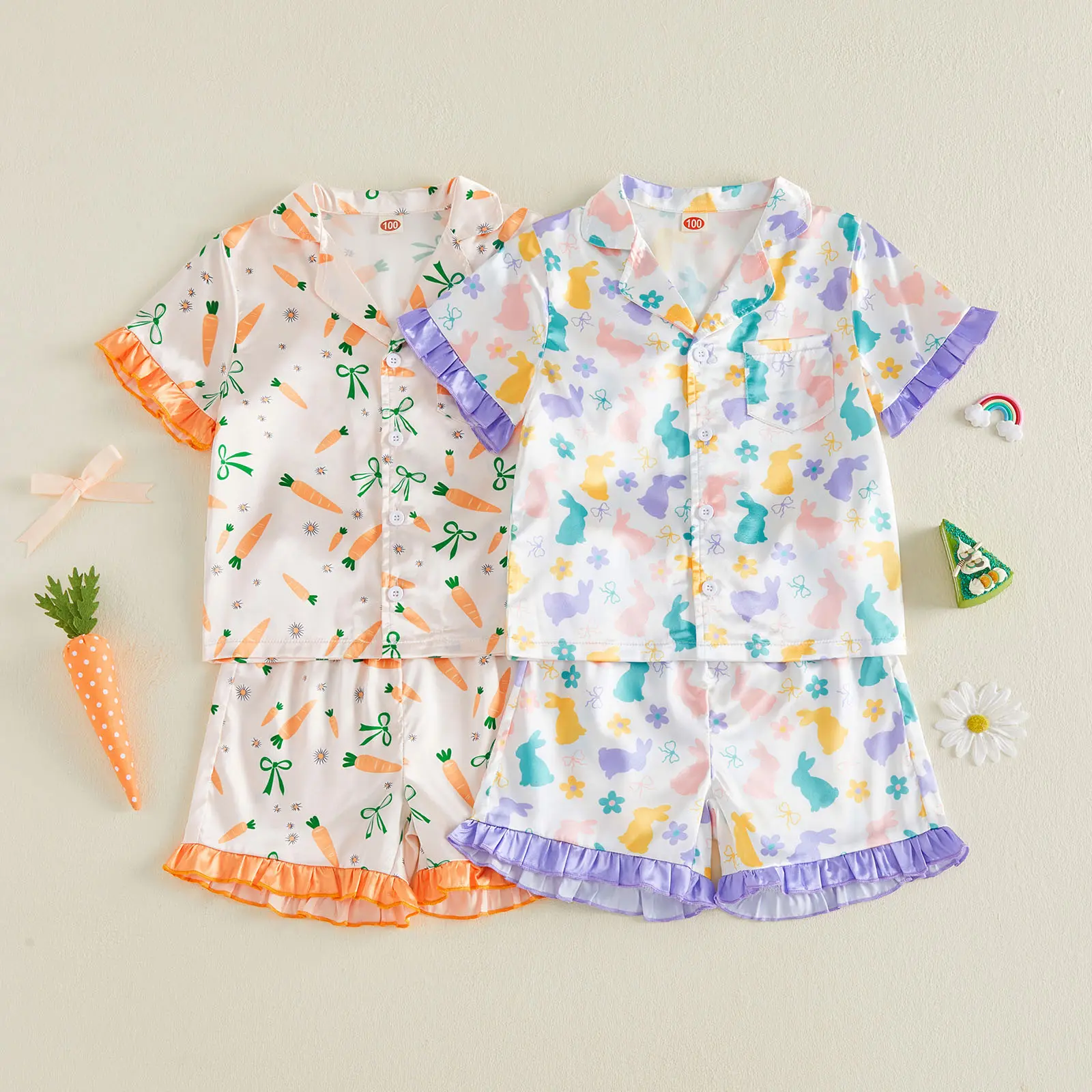 Little Girl Easter Pajamas Set Bunny Flower Carrot Bow Print Ruffled Trim Button Down Short Sleeve Tops and Shorts