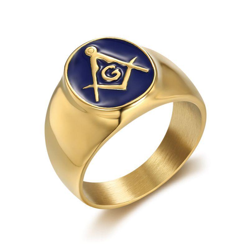 [FLAME] Hip Hop Masonic AG Ring Gold Plated Stainless Steel Blue Enamel Inlay Freemason Symbol Iced Out Statement Jewelry Trendy Streetwear Accessories for Men