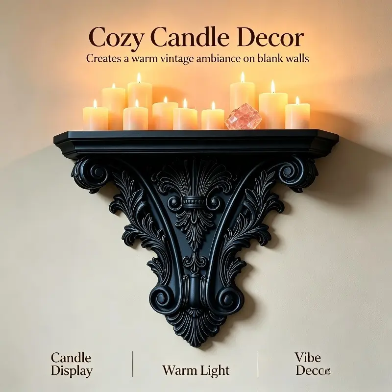 Baroque Carved Wall Shelf, Vintage Ornate Resin Wall‑Mounted Display Bracket Shelf, Decorative Floating Shelf for Crystal Candle Figurine Home Wall Decor,Seamlessly molded carving, smooth surface, lightweight, easy to mount on the wall