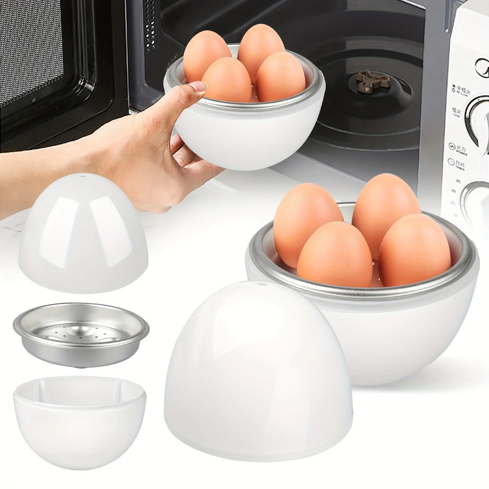 Four-In-One Microwave Egg Cooker, Compact Kitchen Tool, Boiled Egg Maker, Makes Soft-Boiled to Hard-Boiled Eggs, Dishwasher Safe, Holds 4 Eggs, Home/office Use