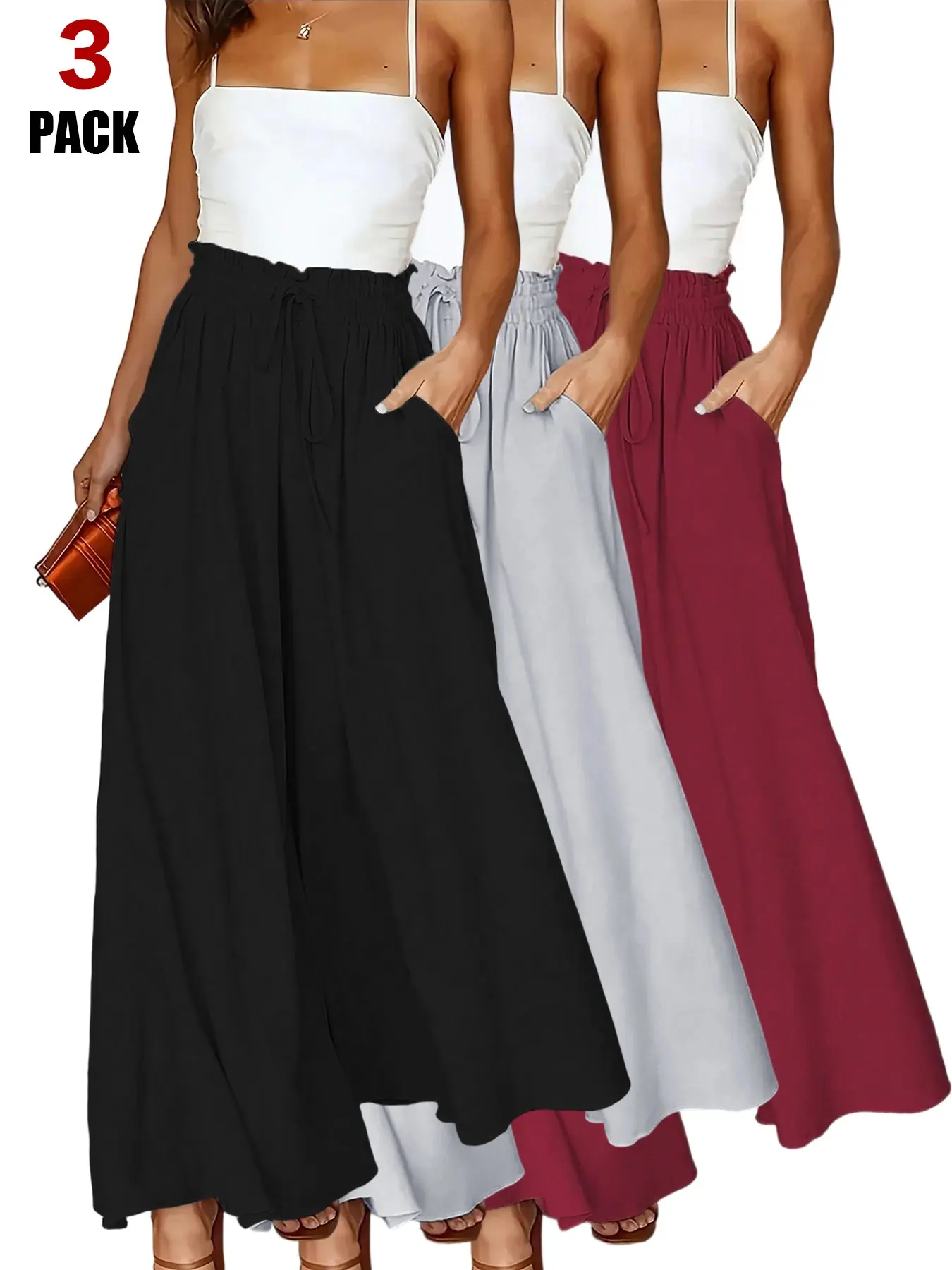 Women's 3-Pack Wide Leg Pants, High Waisted Drawstring Adjustable Lounge Pants, Casual Comfy Trousers, All Seasons, Fitted, Plain Surface