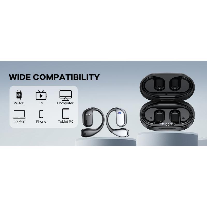 Open Ear Headphones Wireless Bluetooth, 60hrs Play 8D Sound Earphone Sport Earbuds with LED Display Over-Ear Buds Earhooks Built-in Mic Headset for Running Workout Driving