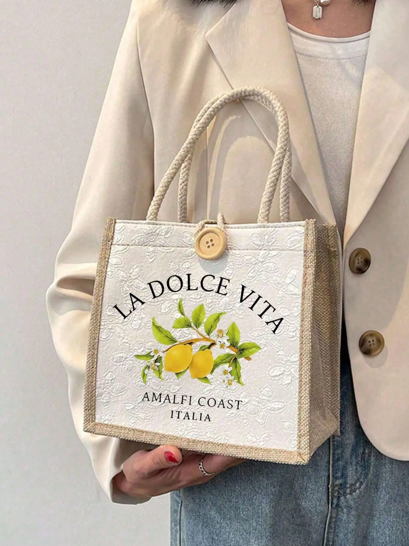 Summer Canvas Tote Bag with Lemon Pattern, Ideal for Daily Commute and Beach Vacation, Reusable Gift for Summer Shopping