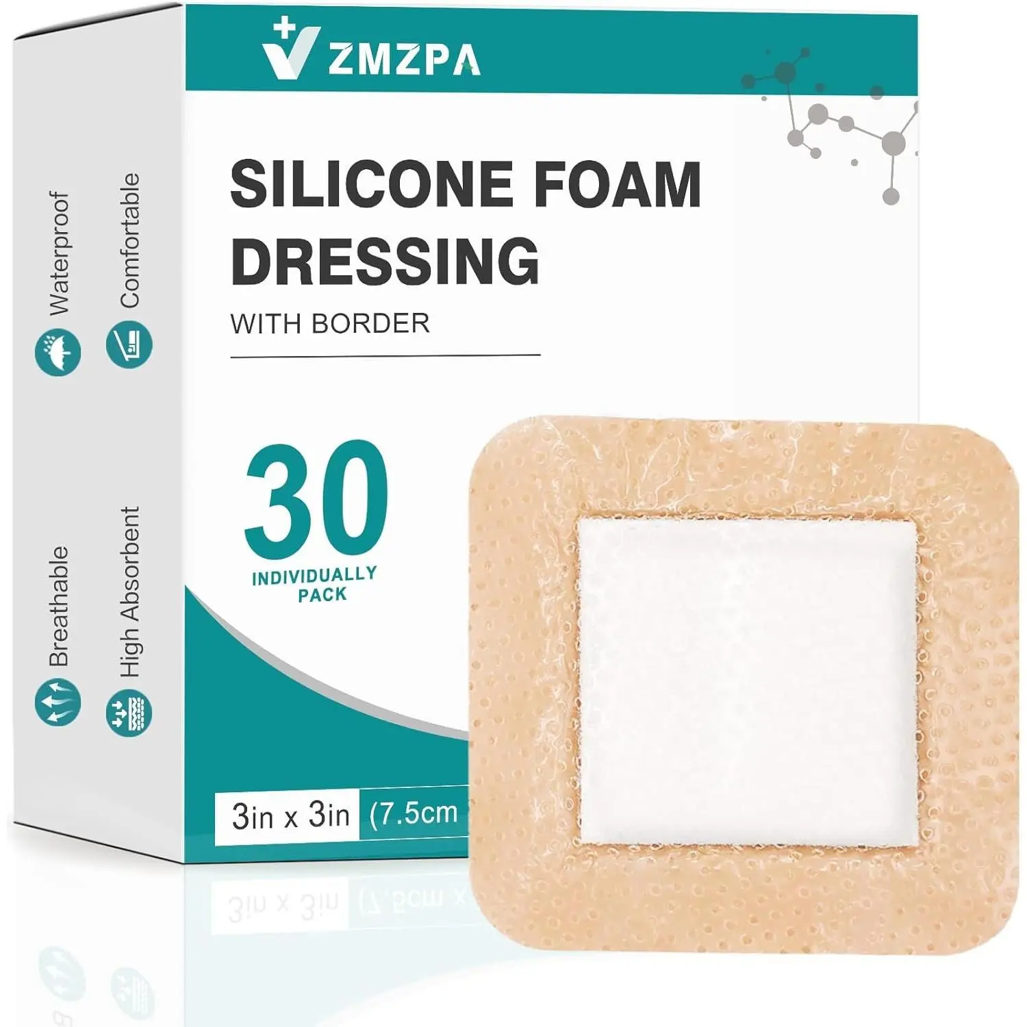 Silicone Foam Wound Care Dressings, 3x3in Gentle Border Super Absorbent Waterproof Self-Adhesive Bed Sore Pads for Wound Care (30 Pack), Self Adhesive Bandage