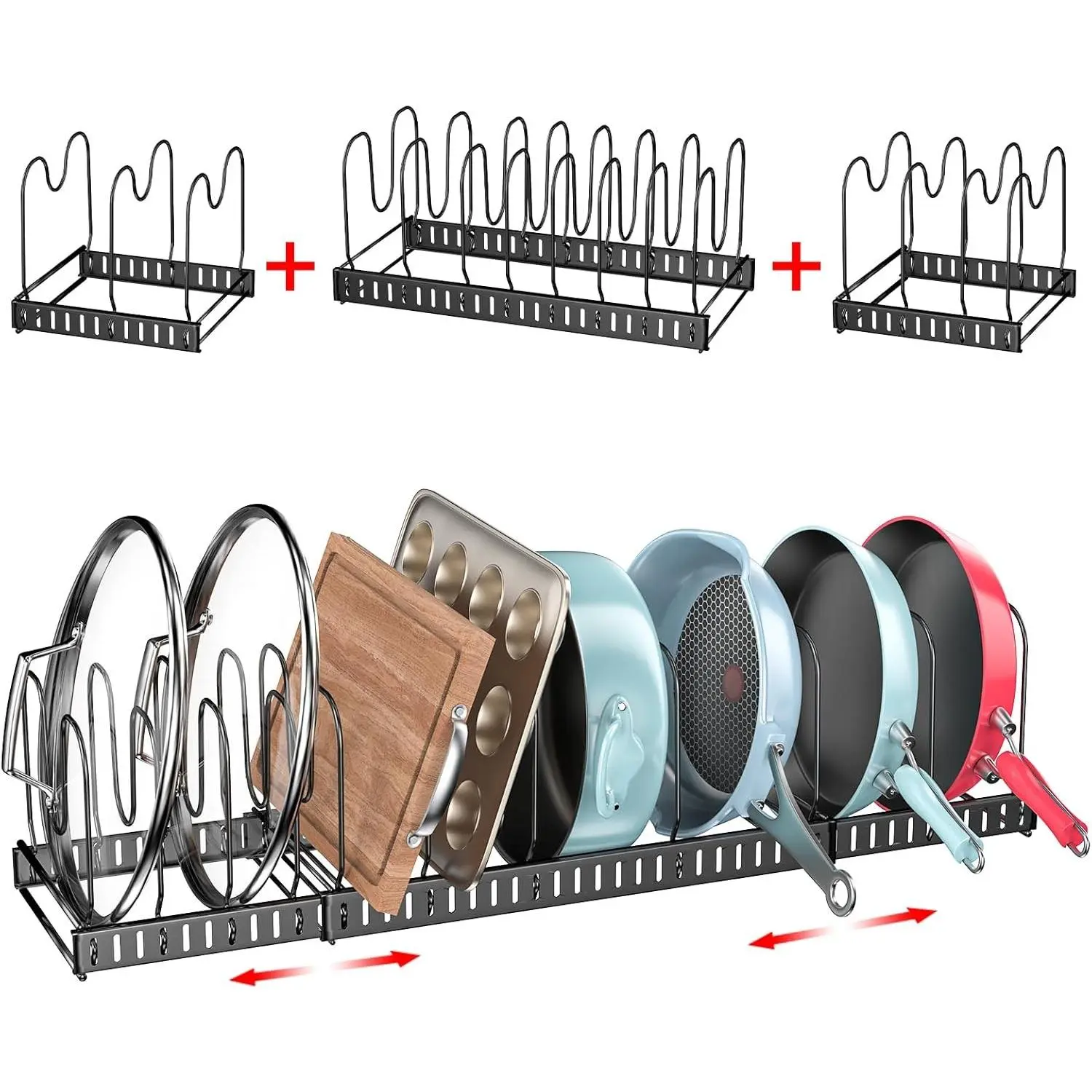 15 Adjustable Dividers Pot and Pan Organizer Rack, 7" D x 32" W x 7.1" H, 3 in 1, Expandable Lid Bakeware Cupboard Rack Holder for Kitchen Cabinet Pantry Countertop, Black (Patent Pending)