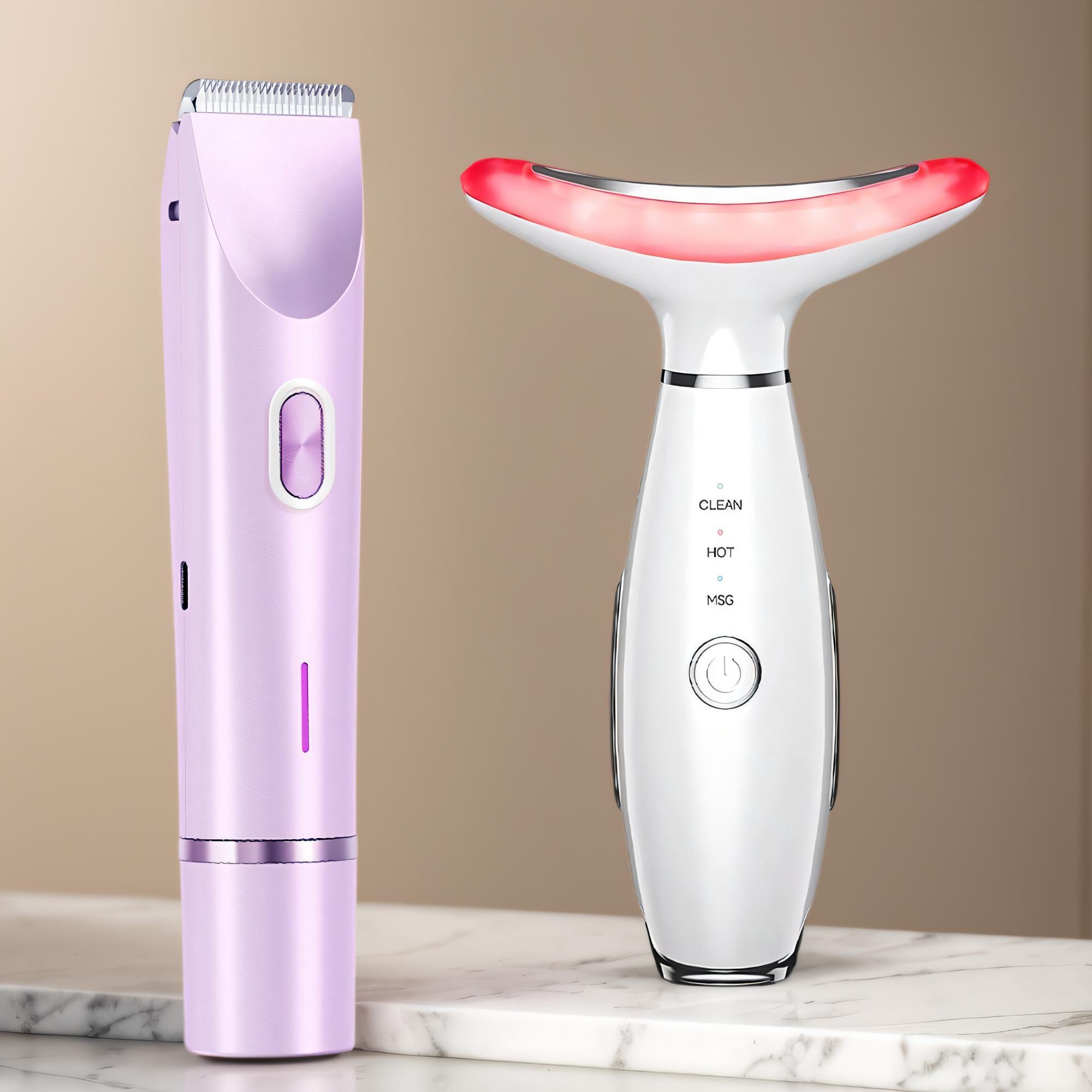 2 in 1 Electric Shaver & 3 Color LED Beauty Neck Instrument Set (2 Counts/set), Facial Massager, Electric Bikini Trimmer, Personal Care Appliances for Women