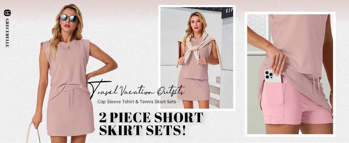 GRECERELLE Women's Summer 2 Piece Skort Set Cap Sleeve Round Neck Top & Tennis Skirt with Pockets for Athletic & Casual