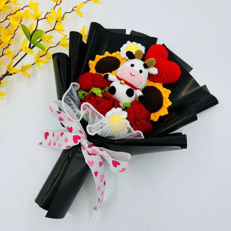 Crochet Sunflower and Cow Plush Bouquet, Handmade Knitted Flower Bouquet, Artificial Faux Rose Bouquet Arrangement, Artificial Flower Arrangements for Home, Party, Wedding, Anniversary and Festival Decor