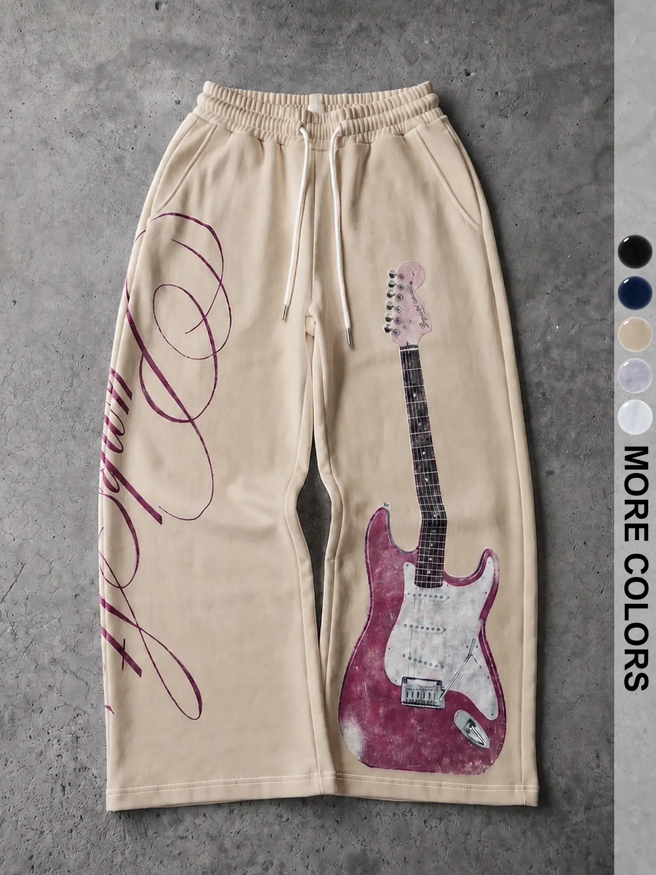 American Vintage Electric Guitar Print Wide Leg Sweatpants for Men, Distressed Handwritten Script Drawstring Straight Fit Casual Long Pants