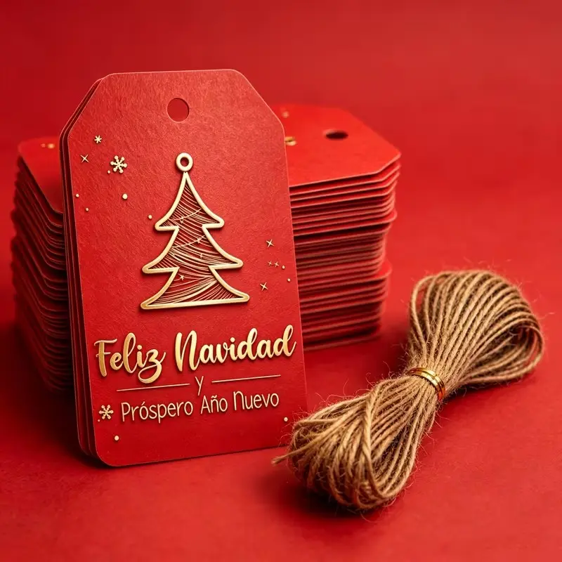 48 Spanish Christmas Gift Tags Red Gold Feliz Navidad Labels with Hemp String