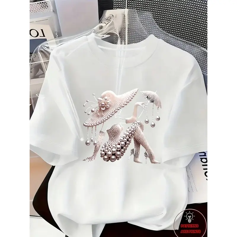 Elegant Light Luxury Printed Women T-Shirt, Gorgeous Spring Summer Casual Short Sleeve Daily Wear Tops, Business, Boyfriends And Girlfriends Presents, Cotton, Graphic, Chic, Cold Wash Only
