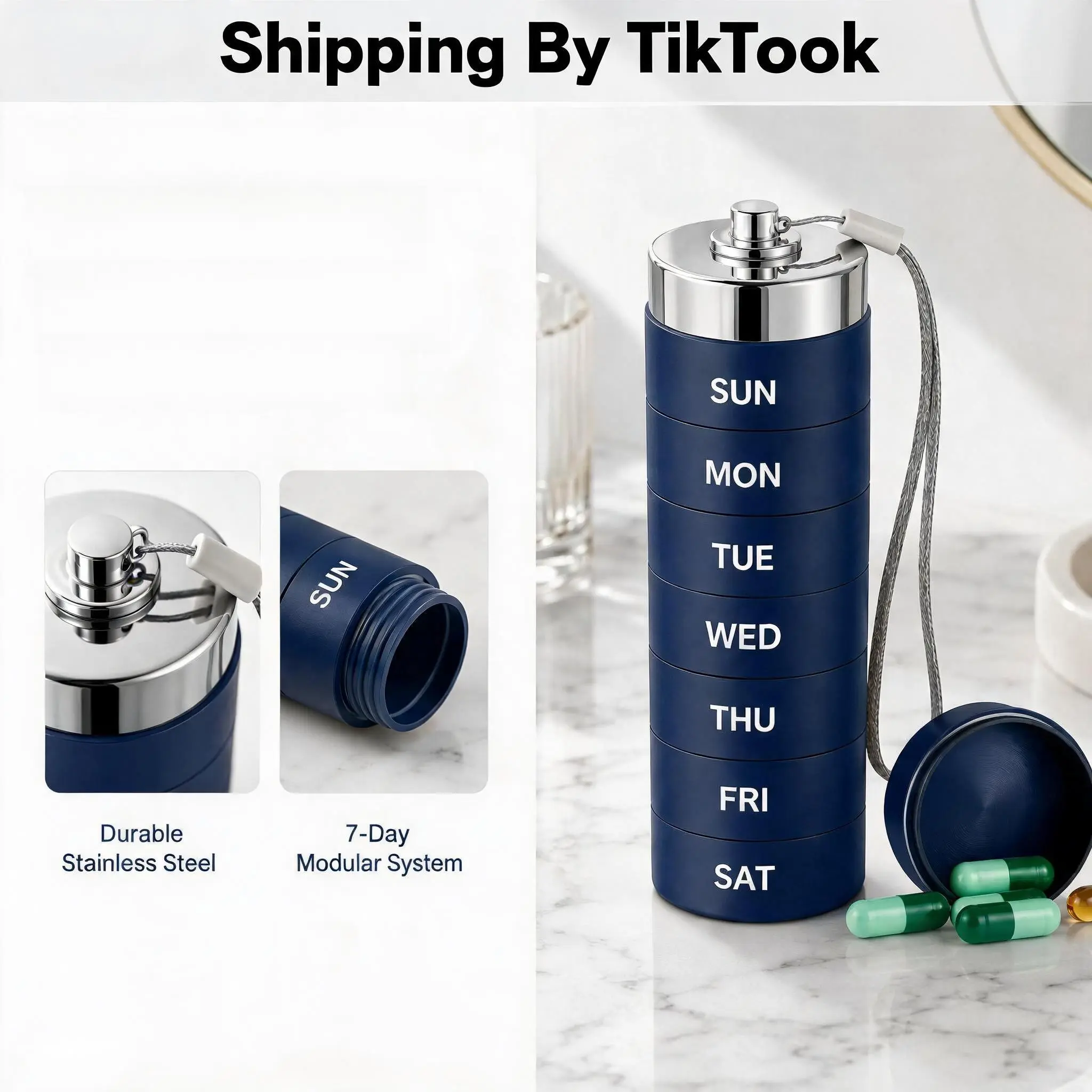 Portable Stackable Weekly Metal Pill Box Waterproof Travel Container for Daily Vitamins & Supplements