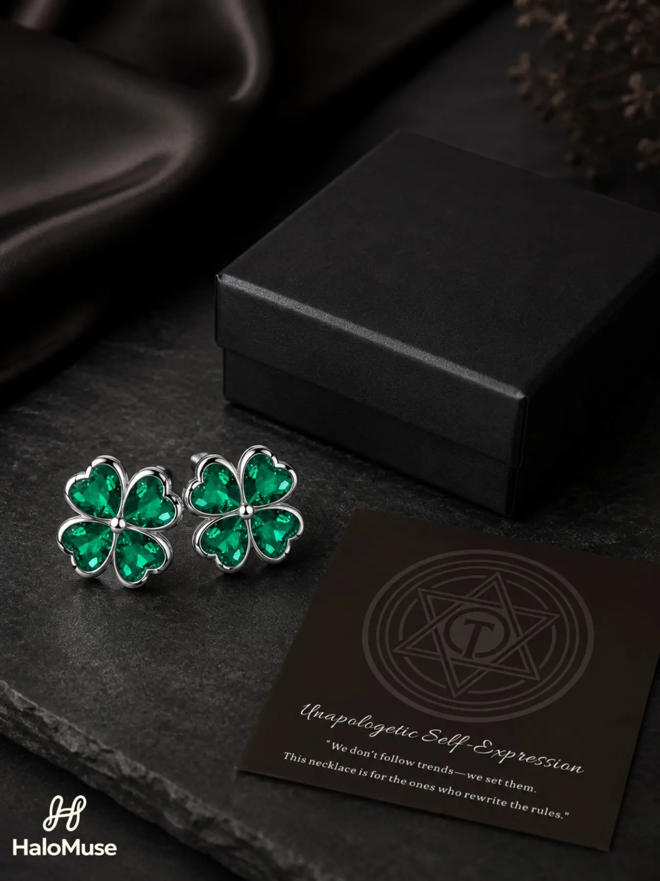 Halo Muse 1 Pair Four Leaf Clover Green Diamond Stud Earrings Casual Trendy Jewelry Gift Set, Sparkling Heart-Cut Lucky Clover Earrings with Square Black Box and Card, Birthday Gift for Women