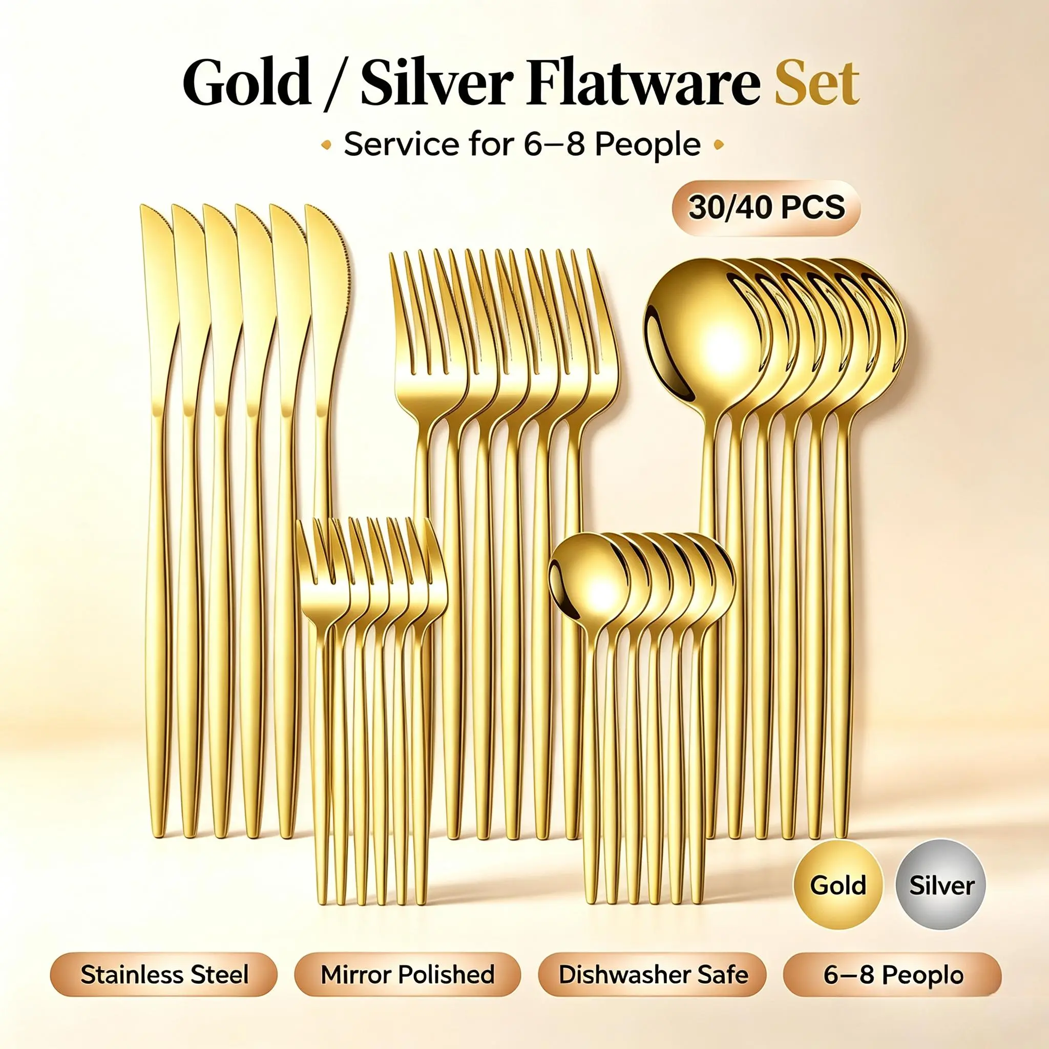 Stainless Steel Dinnerware Set (30-40 Pieces) - Stylish Tableware for Large Gatherings, Dishwasher-Safe Kitchenware