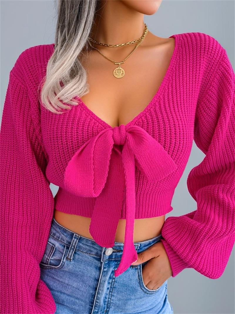 Women's Plain Bow Decor Tie Front Crop Sweater, Casual Chic Bishop Sleeve V Neck Jumper for Fall & Winter, Women's Knitwear for Daily Wear