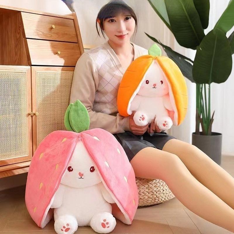 Cute Strawberry Carrot Bunny Plush Toy Set, Double-Sided Soft Stuffed Animal, Ideal Valentine's Day & Easter Gift for Girlfriend & Adorable Room Decoration