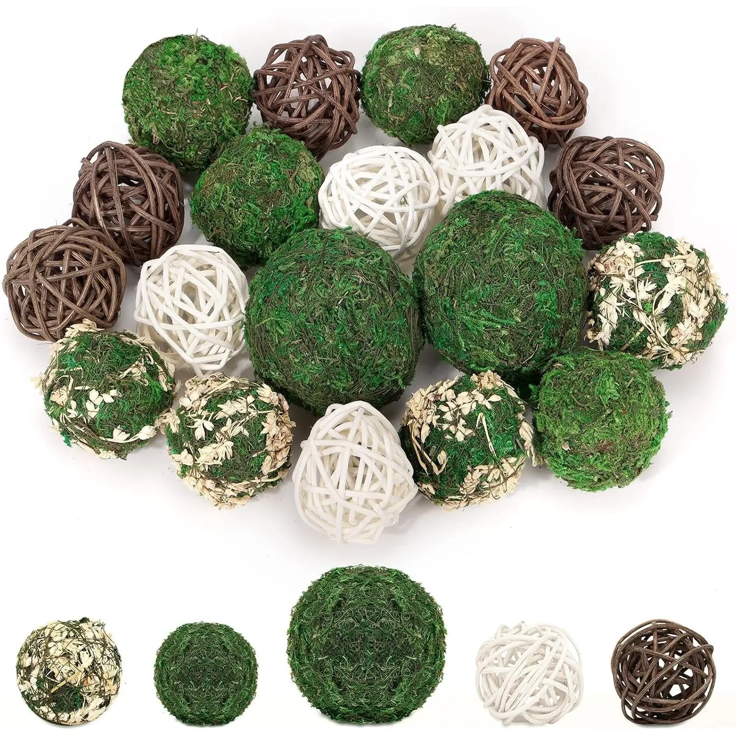 18 Pcs Decorative Moss Balls for Centerpiece Bowls Assorted Sizes | Fake Moss Balls+Wicker Rattan Balls+Flower Balls, Artificial Greenery Vase Fillers for Home Garden Farmhouse Rustic Decor