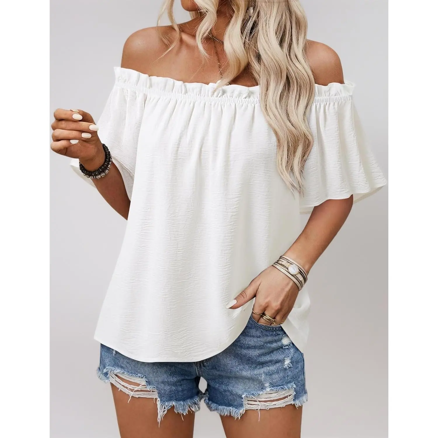 Womens Summer Blouses Dressy Casual Sexy Off The Shoulder Short Sleeve Boho Tops